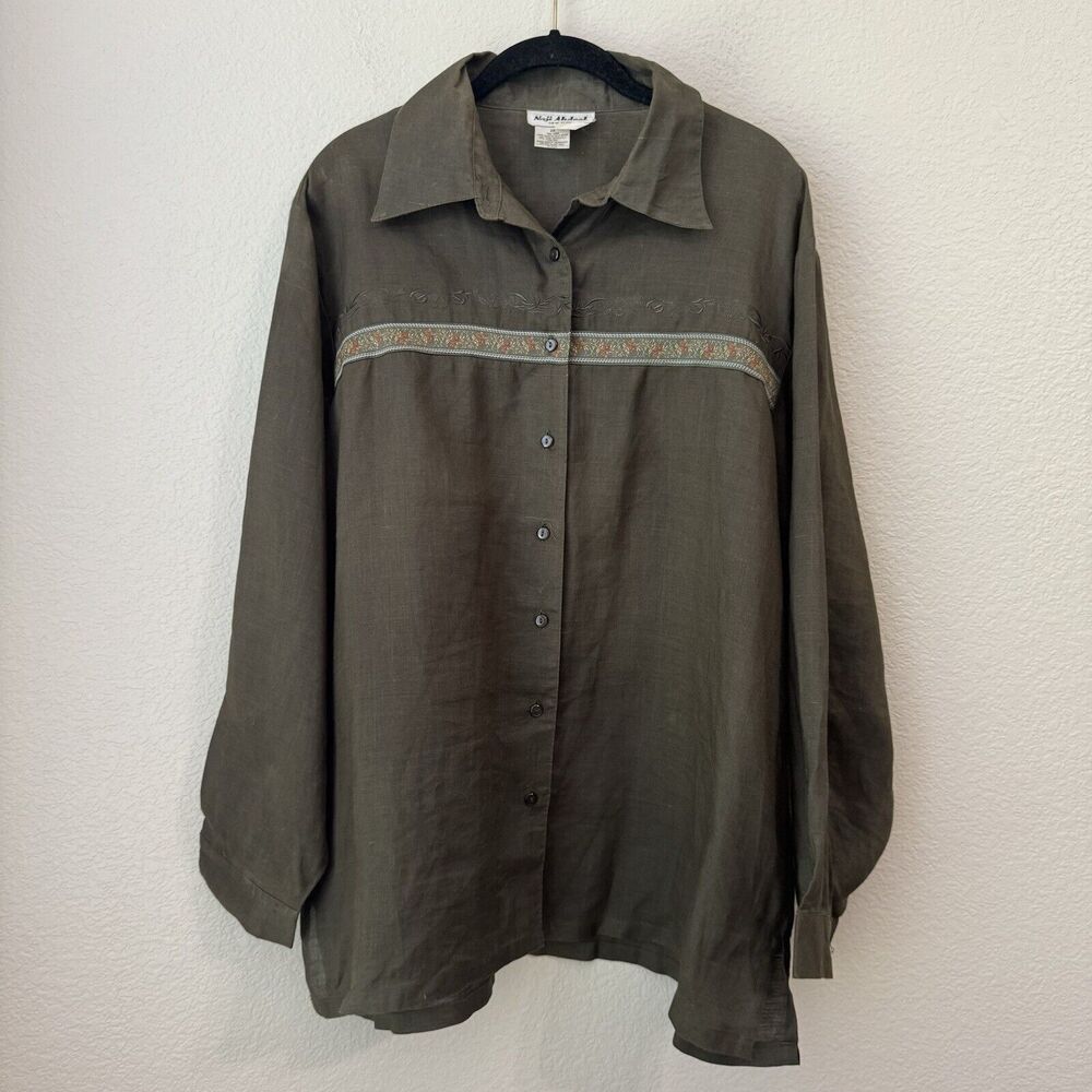Vintage Naji Ahdoot Blouse Top Womens Size 2X Linen Green Button Front Lagenlook